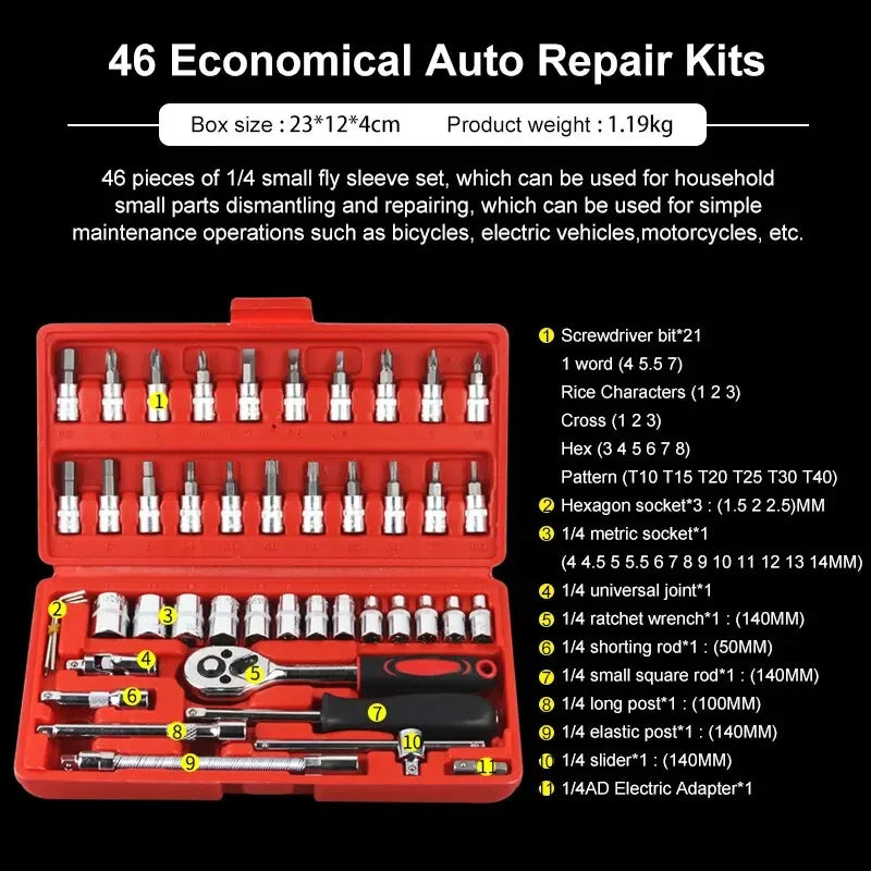 Heavy Duty 46Pcs Car Repair Tool Kit 1/4 Inch Drive Socket Set Ratchet Torque Wrench for Vehicle Mechanical Maintenance