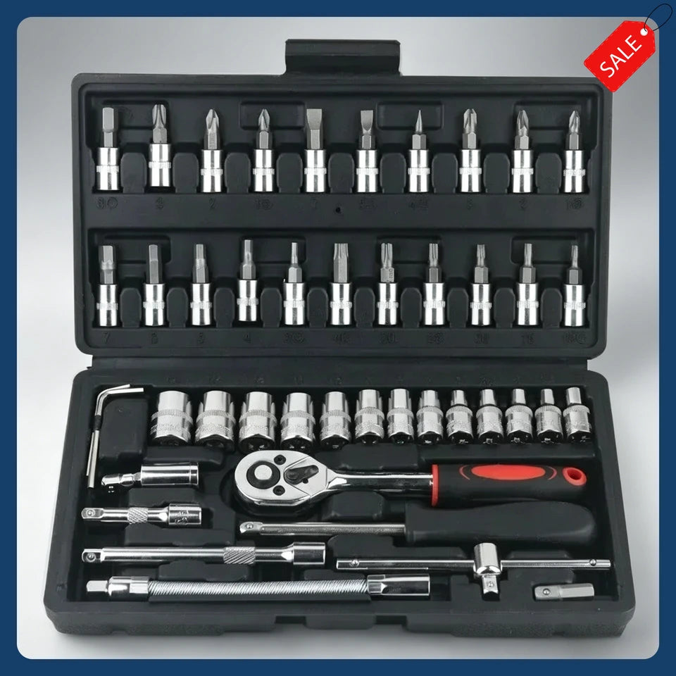 Heavy Duty 46Pcs Car Repair Tool Kit 1/4 Inch Drive Socket Set Ratchet Torque Wrench for Vehicle Mechanical Maintenance
