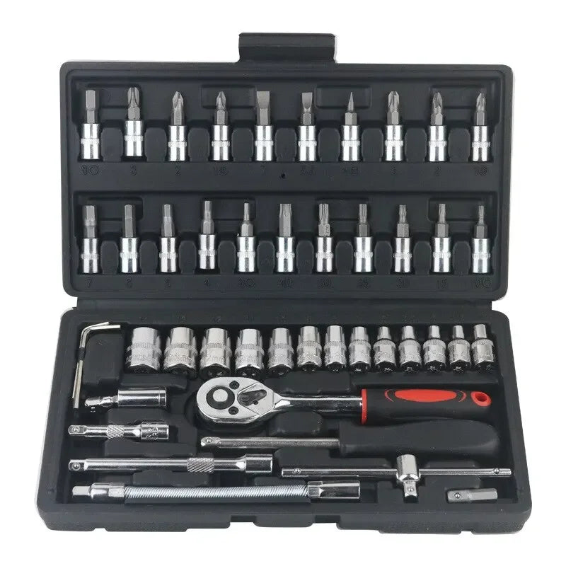 Heavy Duty 46Pcs Car Repair Tool Kit 1/4 Inch Drive Socket Set Ratchet Torque Wrench for Vehicle Mechanical Maintenance