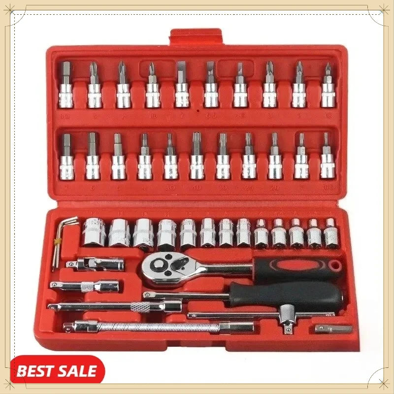 Heavy Duty 46Pcs Car Repair Tool Kit 1/4 Inch Drive Socket Set Ratchet Torque Wrench for Vehicle Mechanical Maintenance