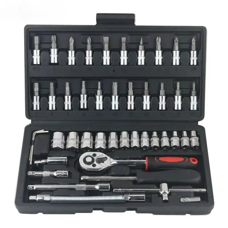 Heavy Duty 46Pcs Car Repair Tool Kit 1/4 Inch Drive Socket Set Ratchet Torque Wrench for Vehicle Mechanical Maintenance
