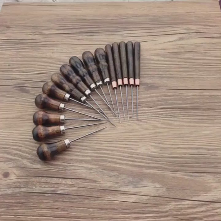 Sewing Awl with Wooden Handle, Scratch Stitching Pin, Punch for Sewing Shoes Repair Tool, Hand Stitcher, Leather Craft Awl, 3Pcs